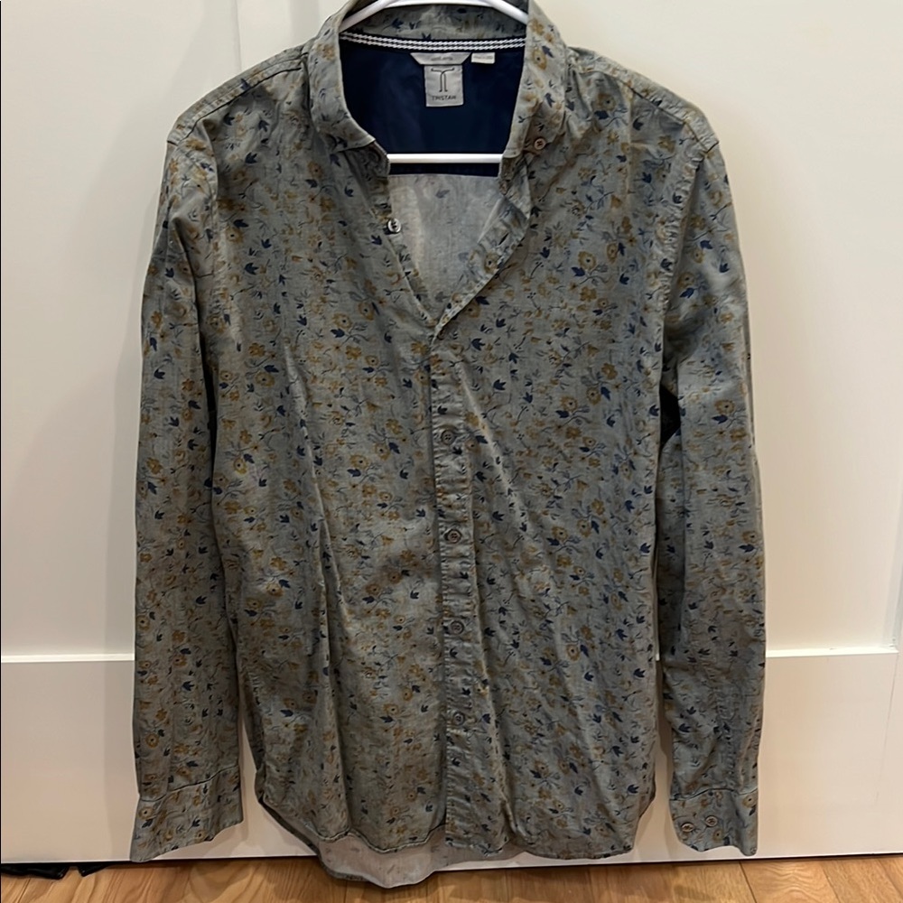 Tristan Gray/Green Casual Button Down Shirt with Floral Pattern